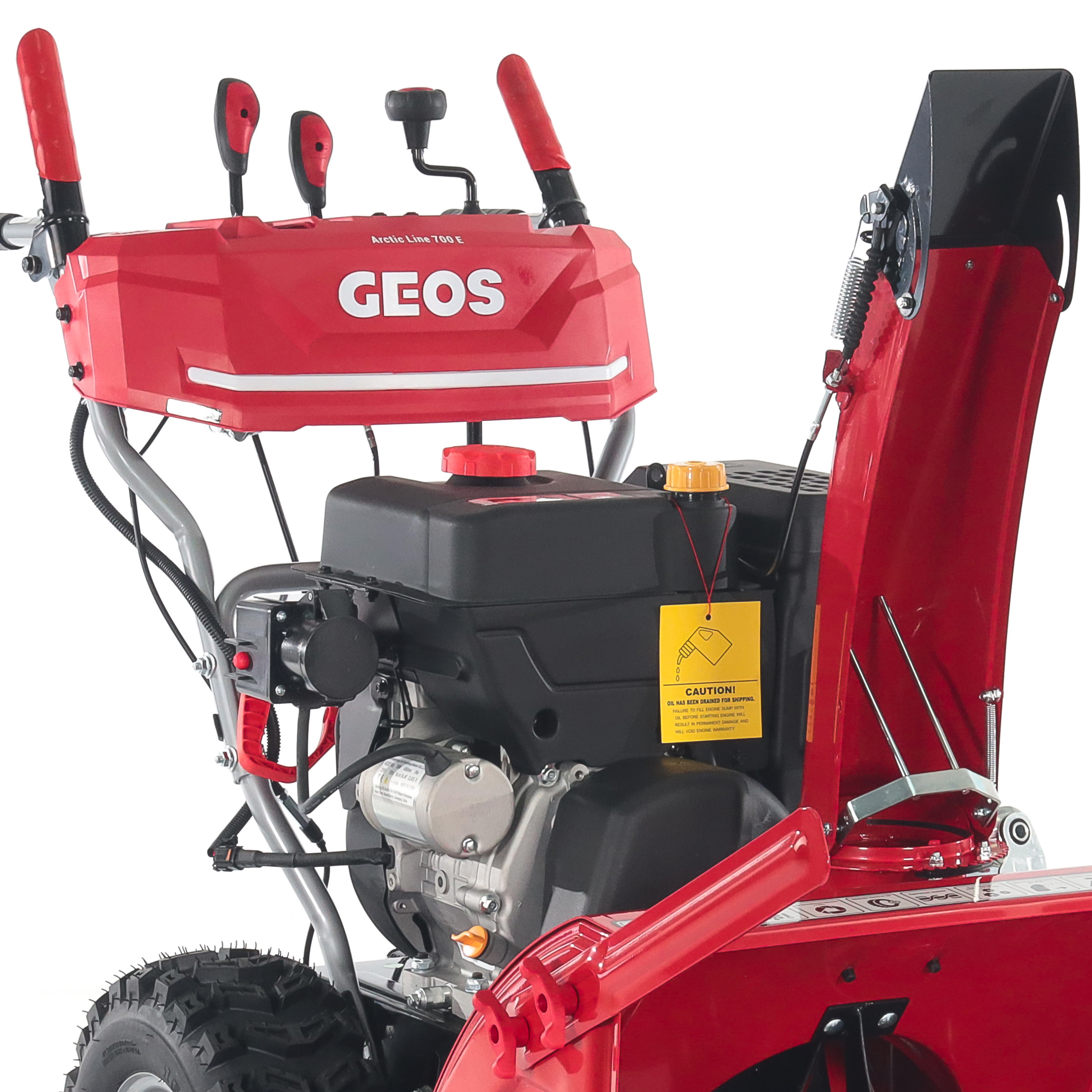 <b>Управление выбросом снега </b>. На всех моделях снегоубощиков GEOS управление направлением выброса осуществляется рукояткой, выведенной в зону оператора. Для моделей 620 B; 700 и 760 управление углом и направлением выброса снега выведено гибким валом непосредственно на панель оператора. На моделях 560 и 620 E регулировка угла выброса осуществляется вручную.